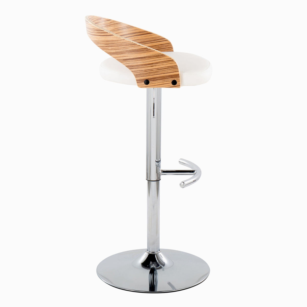 Contemporary adjustable barstool with white cushioned seat, natural wood back, chrome base on Tampa Home & Garden Store