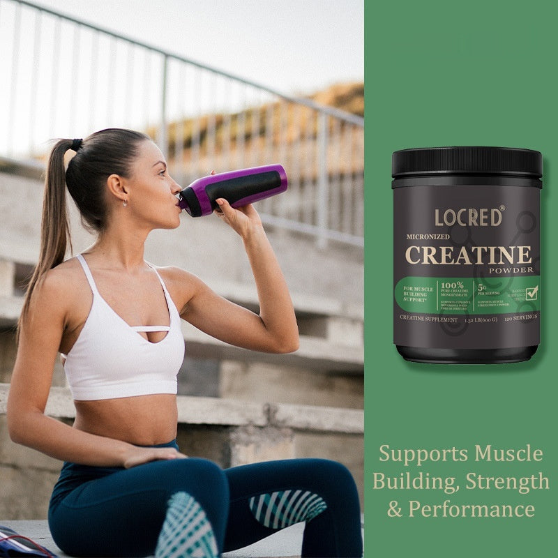 Creatine powder supplement jar by Perfecsy; athletic woman drinking from a purple shaker on Tampa Home & Garden Store