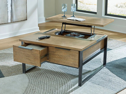 Montia cocktail table with wood finish and black metal legs, lift-top with storage drawer on Tampa Home & Garden Store