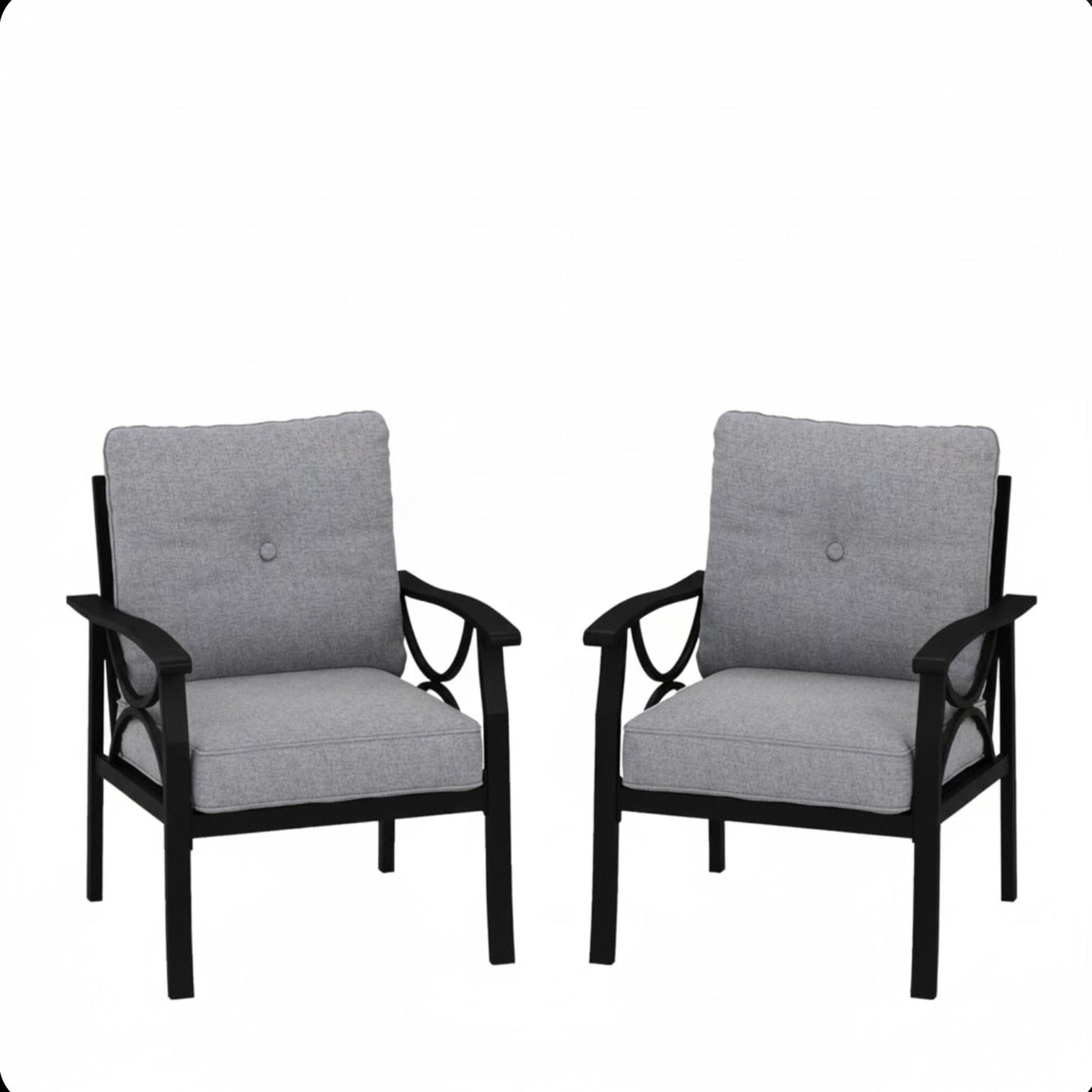 All-Weather Armchairs Set of 2 gray cushions black metal frames HouseOfZazla outdoor chairs on Tampa Home & Garden Store