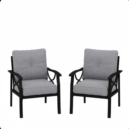 All-Weather Armchairs Set of 2 gray cushions black metal frames HouseOfZazla outdoor chairs on Tampa Home & Garden Store