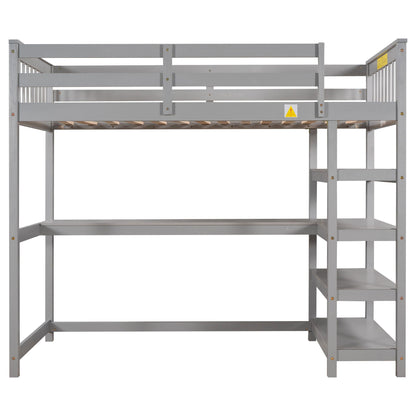 Loft bed with storage shelves and under-bed desk in gray metal frame by HouseOfZazla on Tampa Home & Garden Store