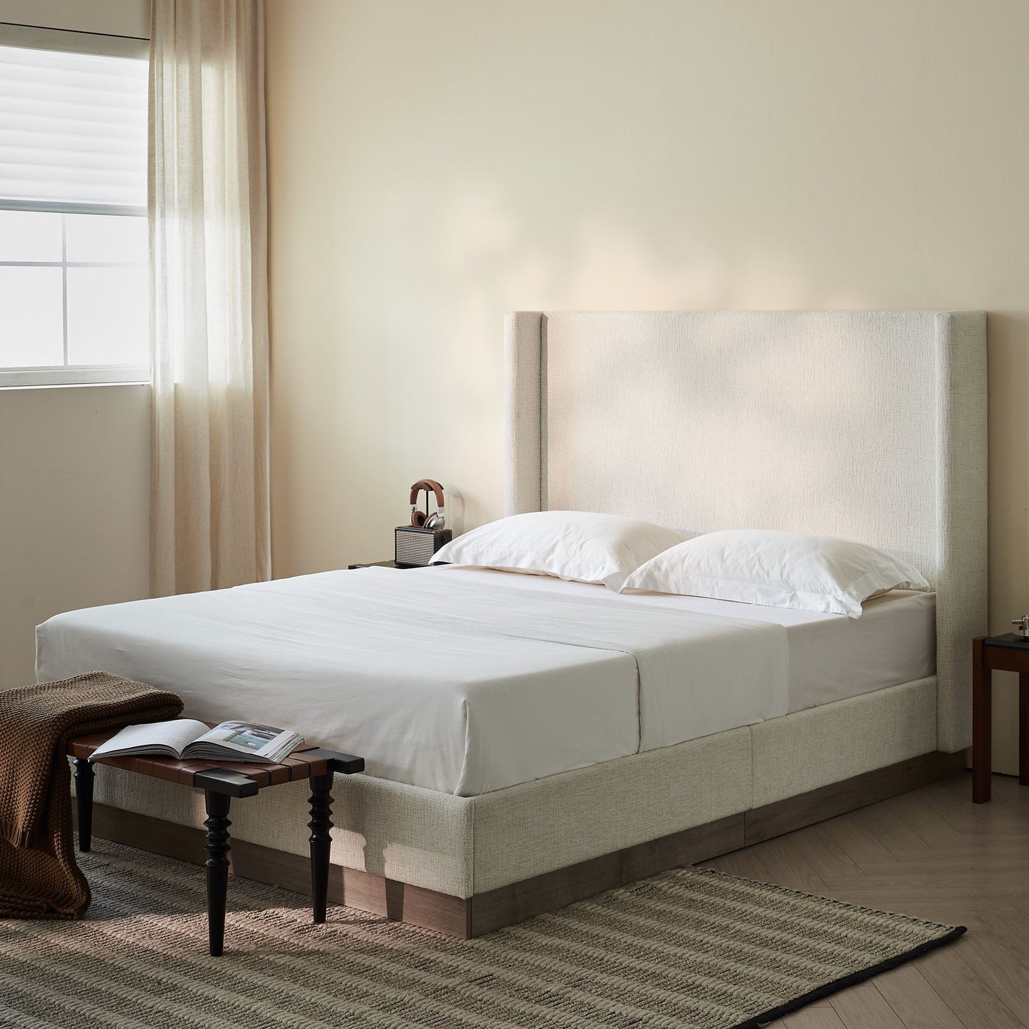Hosford upholstered wingback bed with wood base in beige fabric by HouseOfZazla on Tampa Home & Garden Store