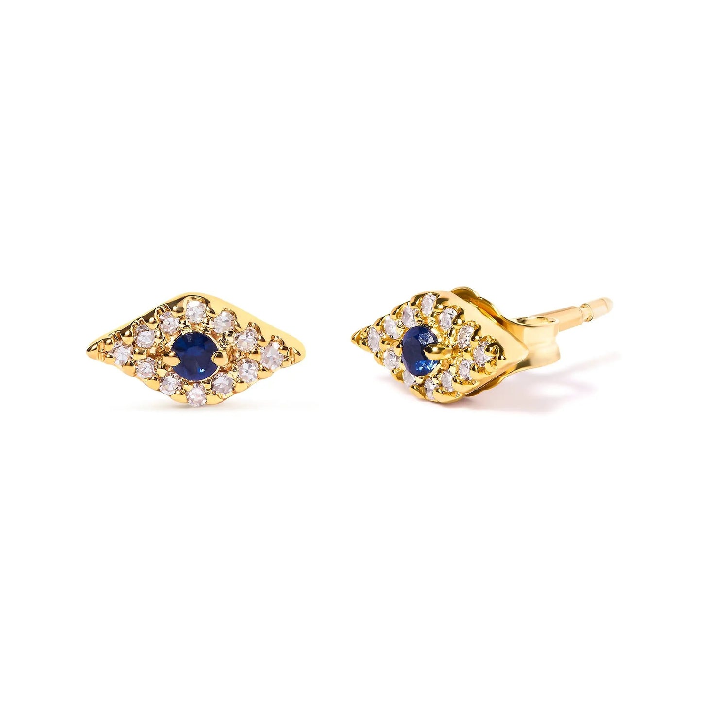Pair of 10K yellow gold evil eye stud earrings with blue sapphire center and diamond accents on Tampa Home & Garden Store