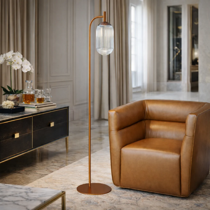 Classic Modern Floor Lamp by HouseOfZazla with copper stem and ribbed glass shade on Tampa Home & Garden Store