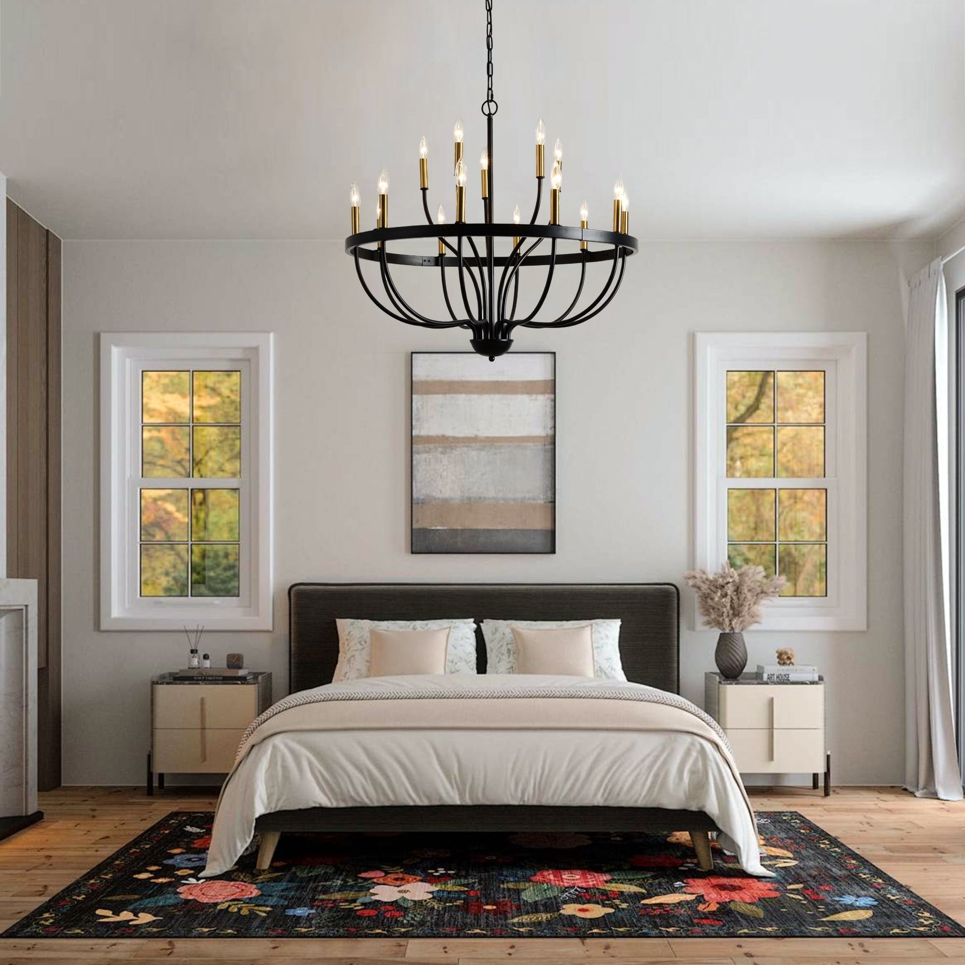 15-Light Industrial Iron Candle Chandelier by HouseOfZazla in black with gold candle holders over bed on Tampa Home & Garden Store