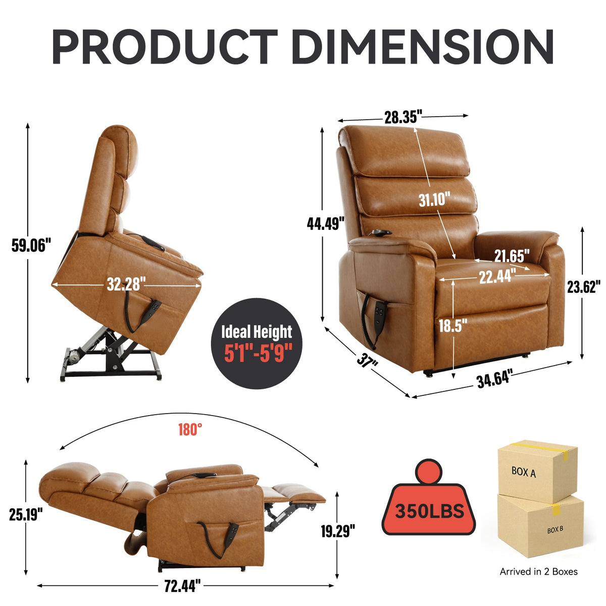 Brown leather dual-motor lift recliner chair by HouseOfZazla; dimension diagram with height on Tampa Home & Garden Store
