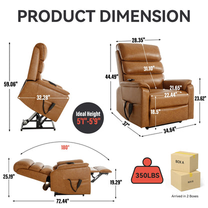 Brown leather dual-motor lift recliner chair by HouseOfZazla; dimension diagram with height on Tampa Home & Garden Store