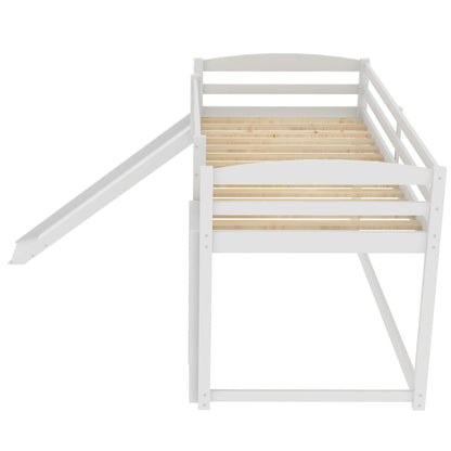 Durable bunk bed with slide and ladder, white frame and natural wood slats by HouseOfZazla on Tampa Home & Garden Store