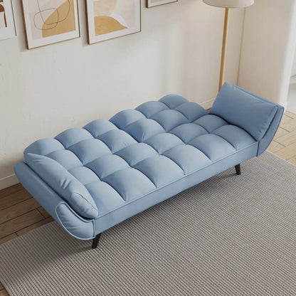 Blue tufted futon sofa with two armrests and matching pillow by Unique Piece Furniture on Tampa Home & Garden Store