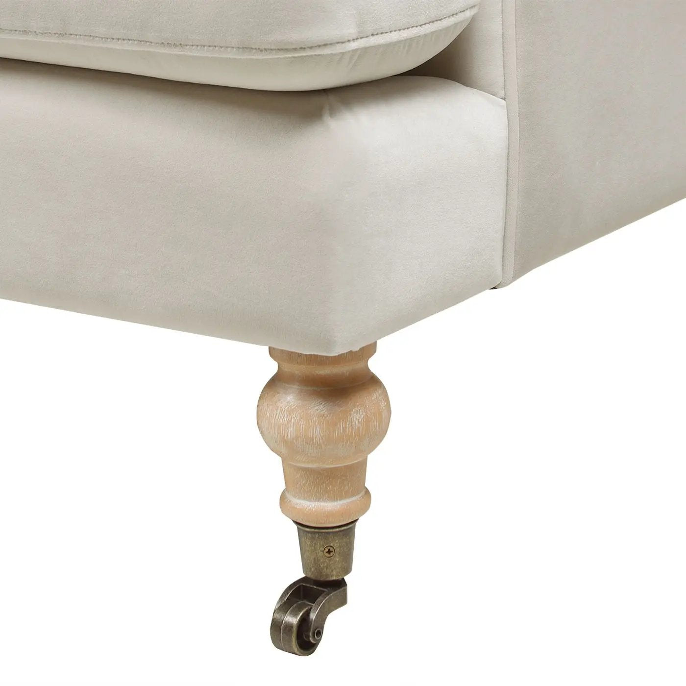 Alana Lawson two-cushion tightback sofa beige fabric with turned wooden leg and caster on Tampa Home & Garden Store