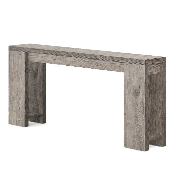 Wood entryway console table with thick rectangular legs in weathered gray finish on Tampa Home & Garden Store