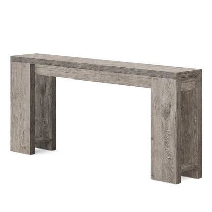 Wood entryway console table with thick rectangular legs in weathered gray finish on Tampa Home & Garden Store