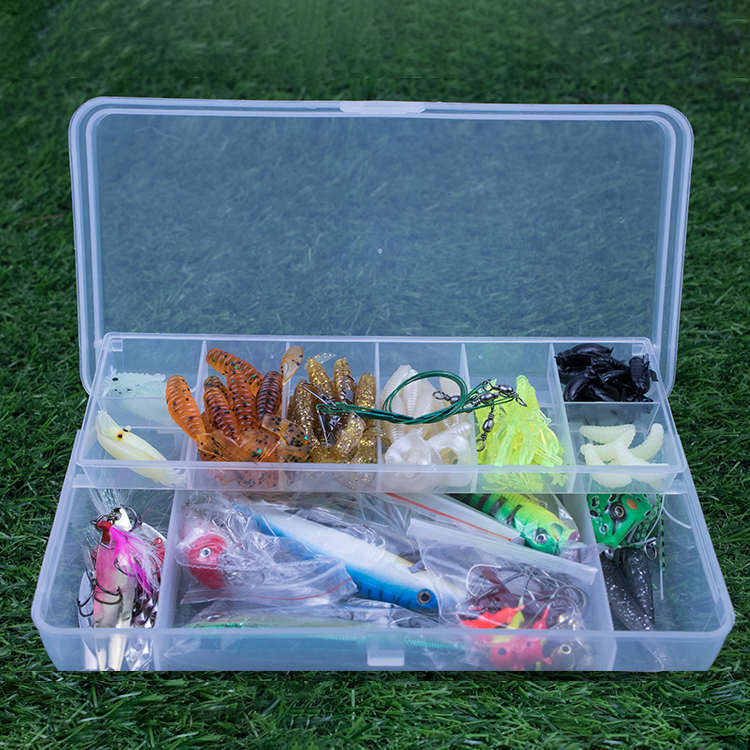 Freshwater fishing lures kit in a clear tackle box with assorted soft baits and hard lures on Tampa Home & Garden Store