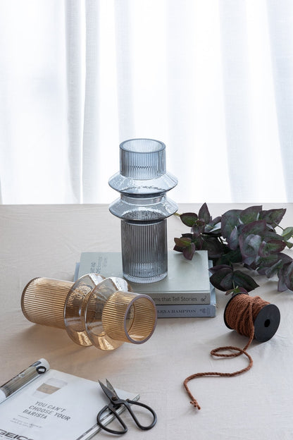 Clear Blue Glass Ribbed Accent Vases Set of 2