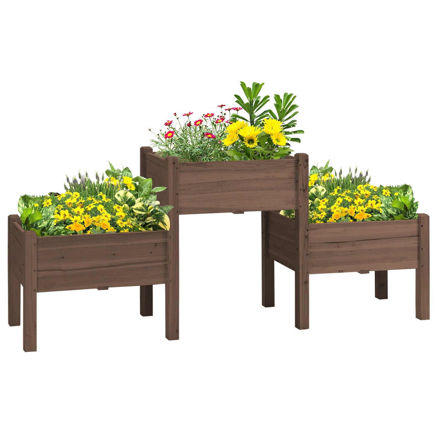 Outsunny raised garden bed with 3 wooden planter boxes in brown, filled with flowers on Tampa Home & Garden Store