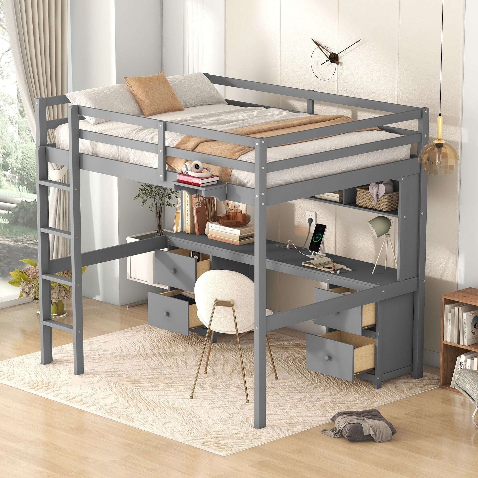 Loft bed with desk and storage in a gray metal frame, includes drawers and shelves on Tampa Home & Garden Store