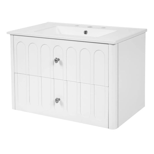 Floating white bathroom vanity with oval knobs and soft-close drawers by Unique Piece Furniture on Tampa Home & Garden Store