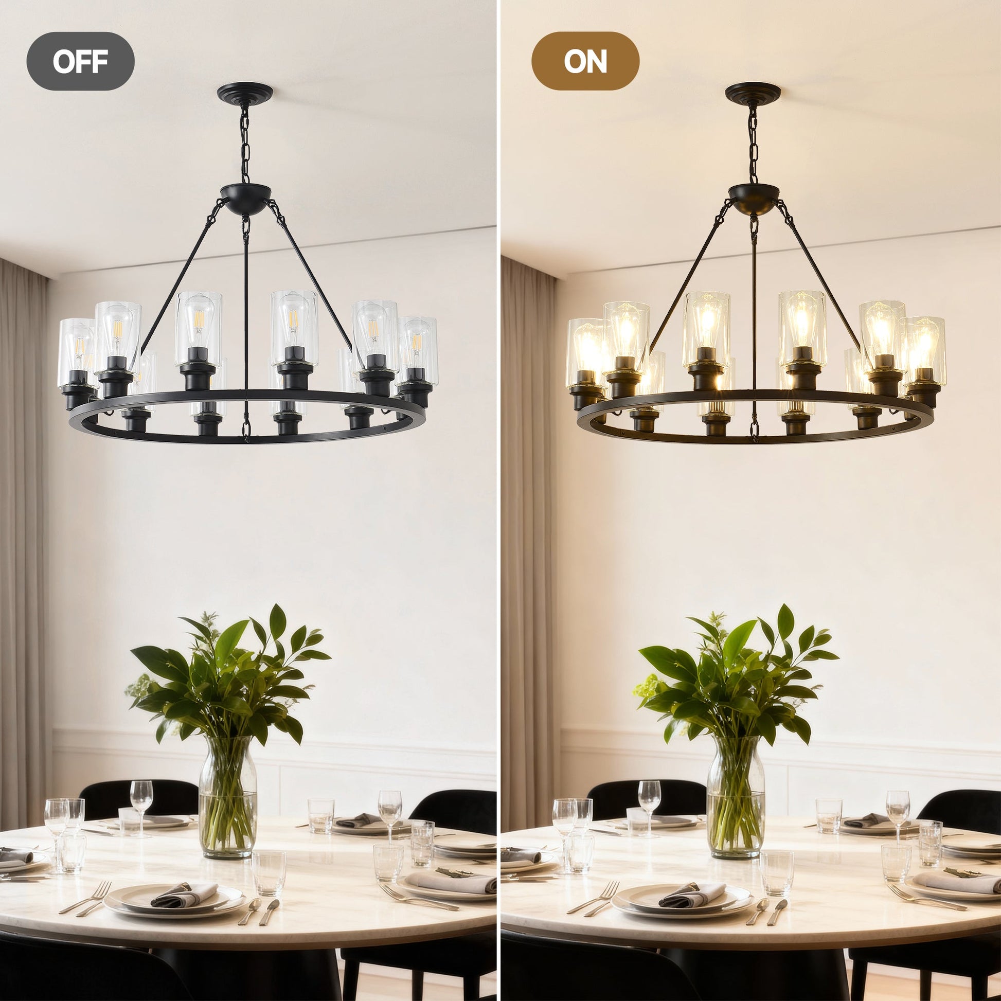 HouseOfZazla black wagon wheel chandelier, pendant with glass bulbs, two-view display on Tampa Home & Garden Store