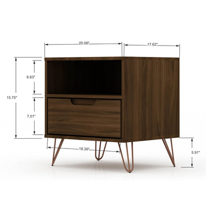 Rockefeller Nightstand with open shelf, 1 drawer, walnut finish, splayed copper legs on Tampa Home & Garden Store