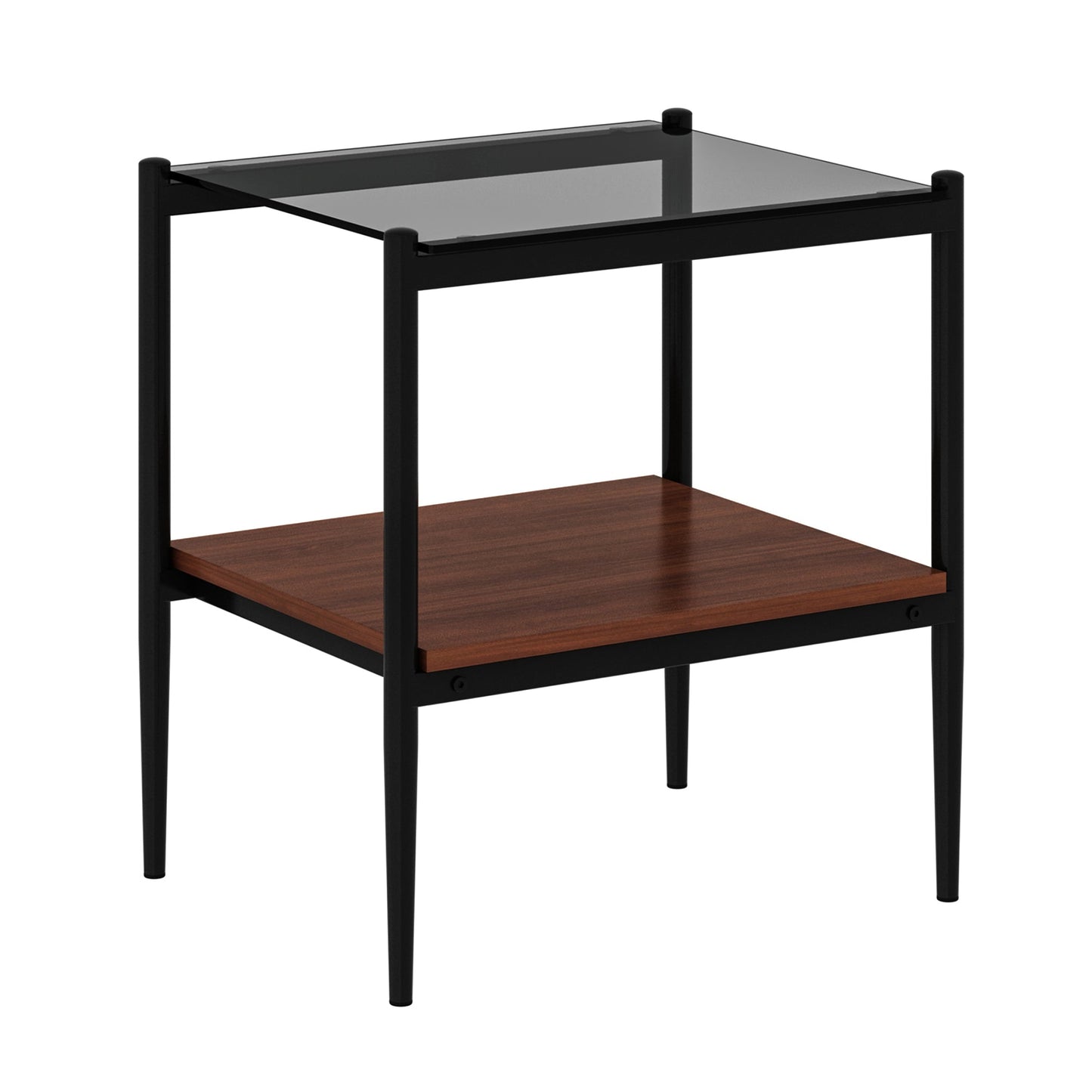 Set of 2 rectangle end tables with gray glass tops, black metal frame, and brown lower shelf on Tampa Home & Garden Store