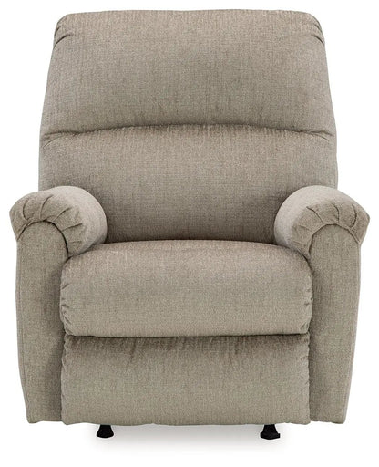 Stonemeade rocker recliner beige fabric with cushioned back and rolled arms on Tampa Home & Garden Store