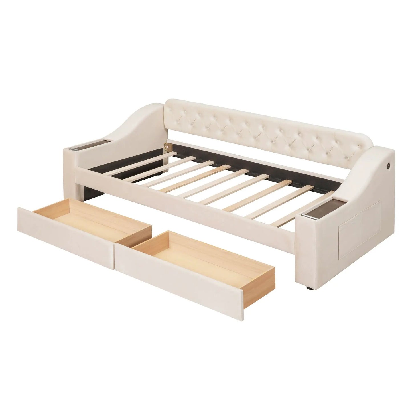 Upholstered daybed with tufted cream backrest, storage armrests, and front drawers on Tampa Home & Garden Store