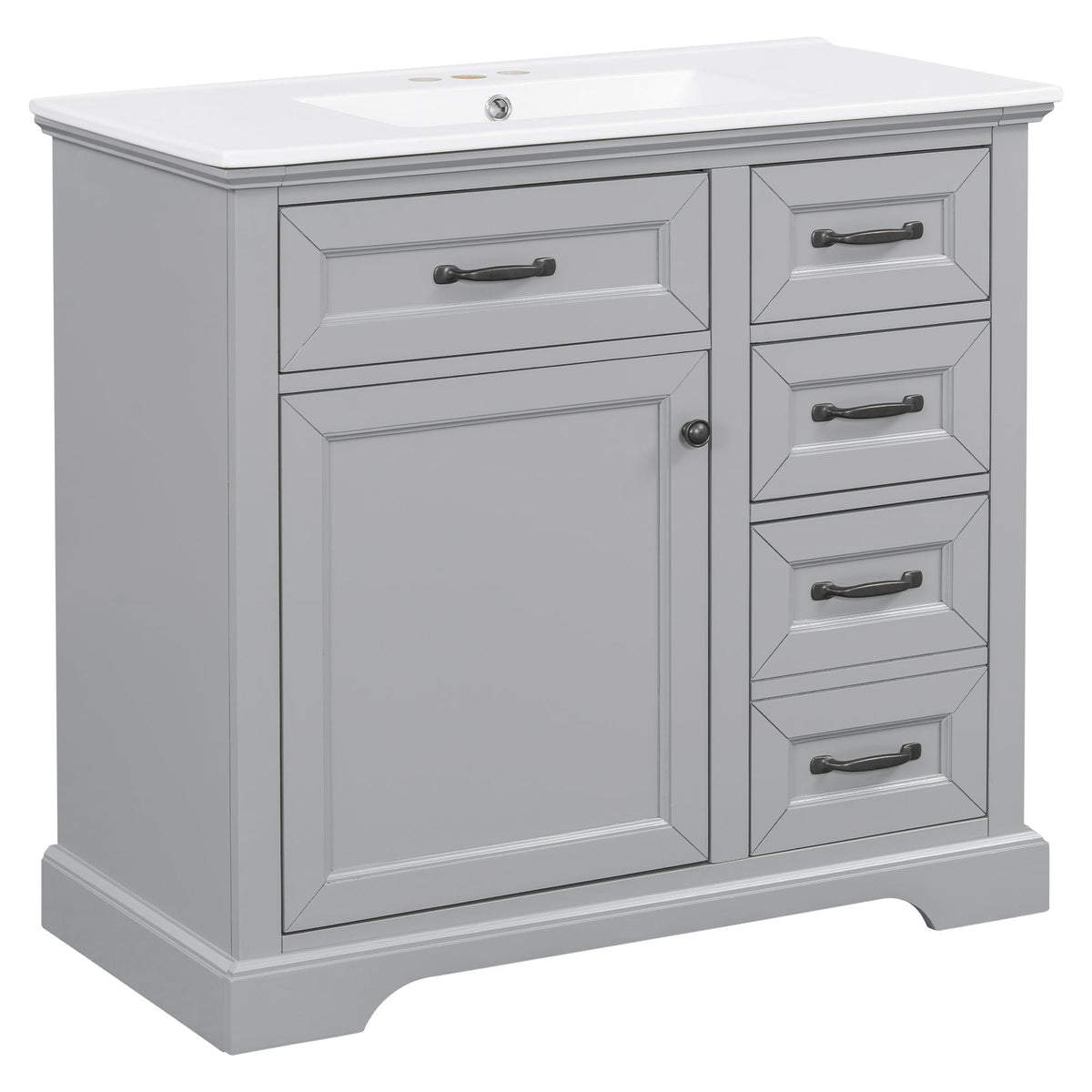 36in bathroom vanity with sink, gray finish, white countertop, black hardware pulls on Tampa Home & Garden Store