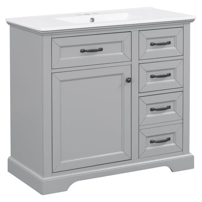 36in bathroom vanity with sink, gray finish, white countertop, black hardware pulls on Tampa Home & Garden Store