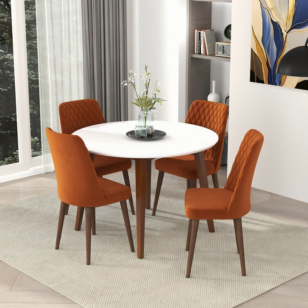 White round dining table with solid wood construction, six orange quilted chairs on Tampa Home & Garden Store