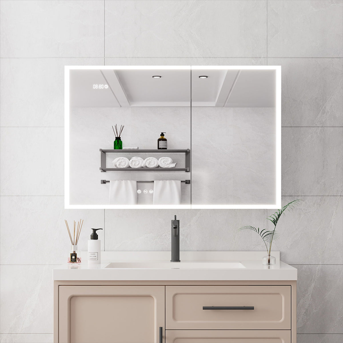 LED medicine cabinet Pearl Silver with defogger and digital display by HouseOfZazla on Tampa Home & Garden Store