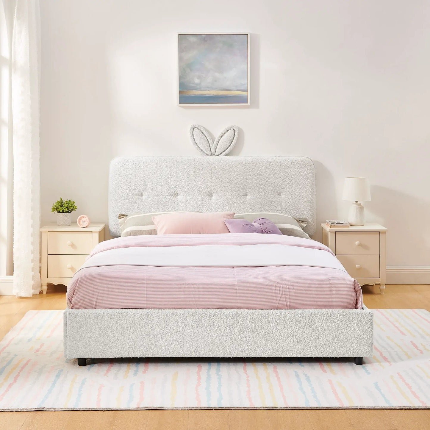 Upholstered Bed with Rabbit Ear Headboard and LED