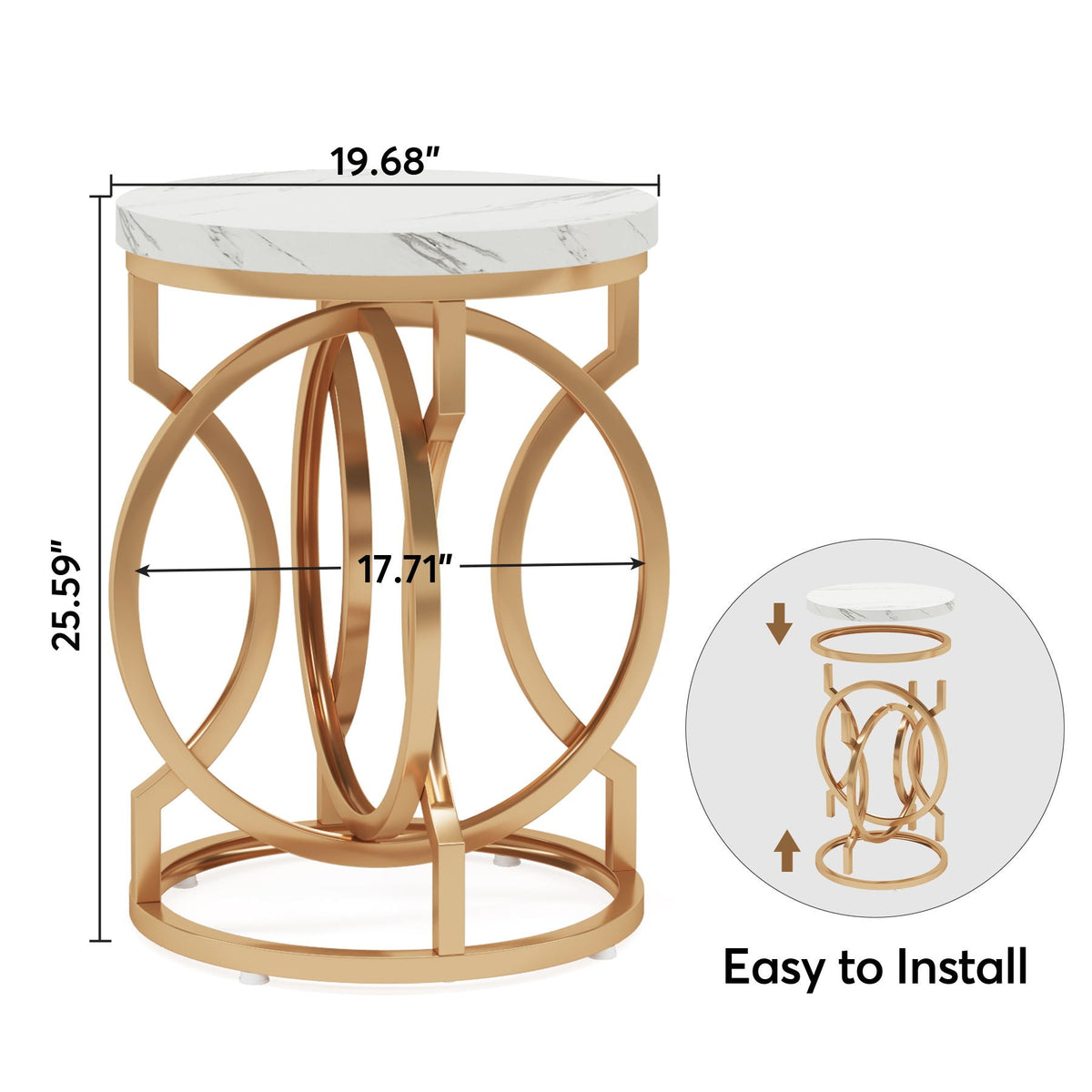 Round end table with O-shaped gold metal base and white marble top by HouseOfZazla on Tampa Home & Garden Store
