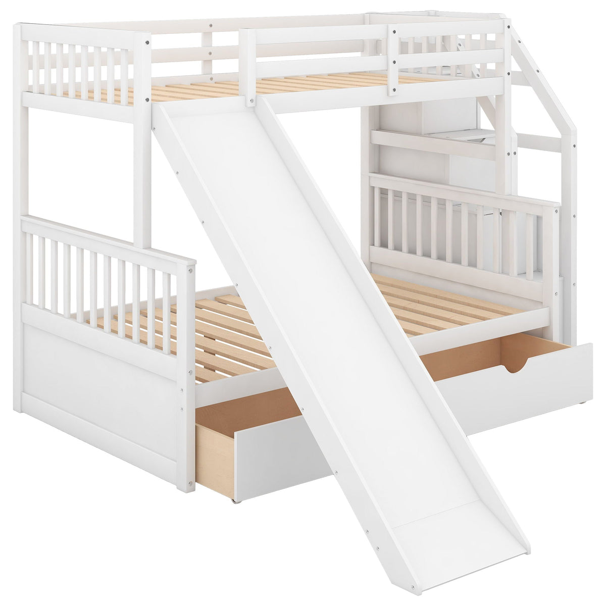 White bunk bed with storage staircase, slide, drawers and shelves by HouseOfZazla on Tampa Home & Garden Store