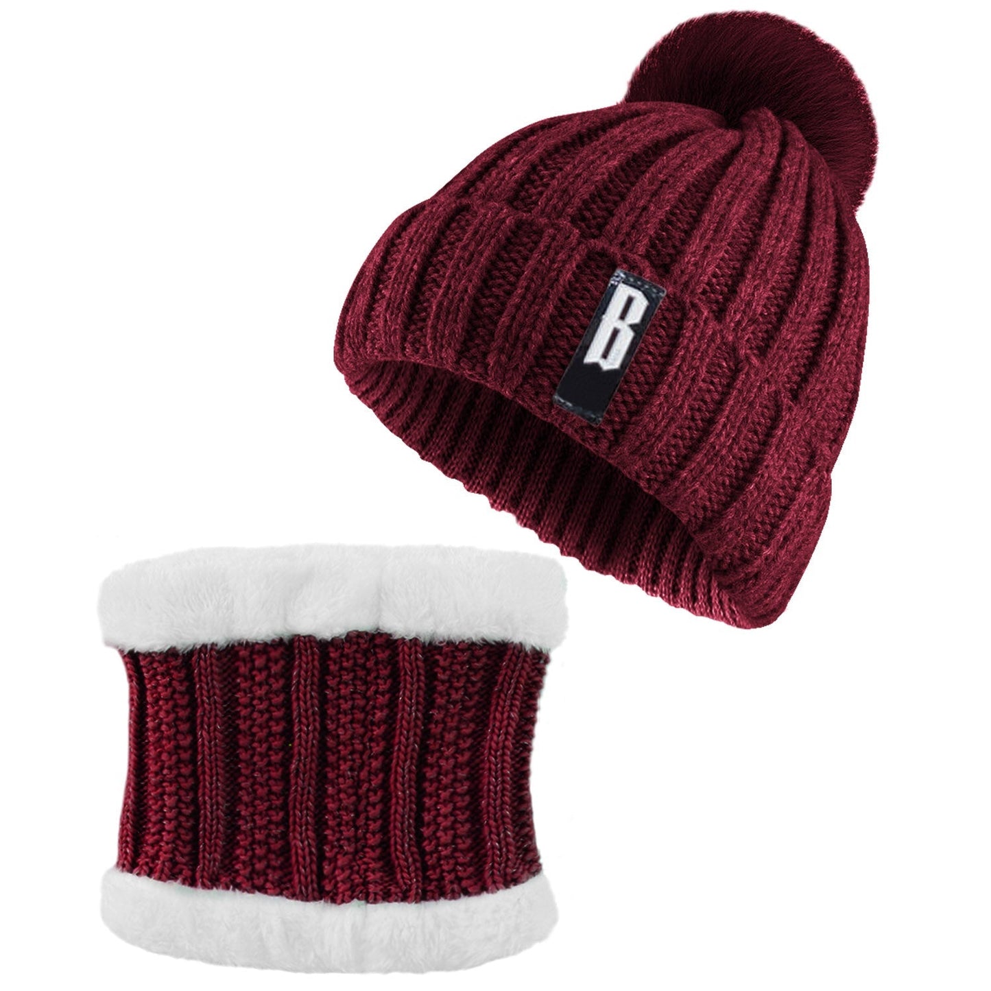 Winter beanie and neck warmer set burgundy knit with pom-pom and white-fur trim GemGear on Tampa Home & Garden Store
