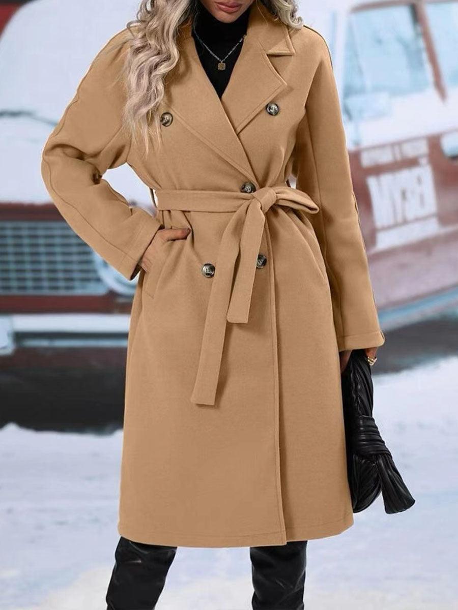 Stevvex womens camel wool-blend trench coat, double-breasted with belt and notched lapels on Tampa Home & Garden Store