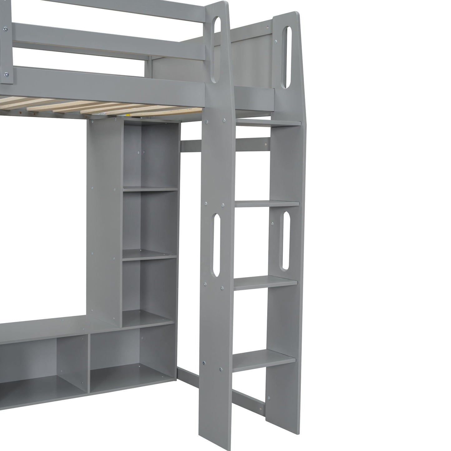 Gaming loft bed with desk by HouseOfZazla, gray finish, built-in storage shelves ladder on Tampa Home & Garden Store