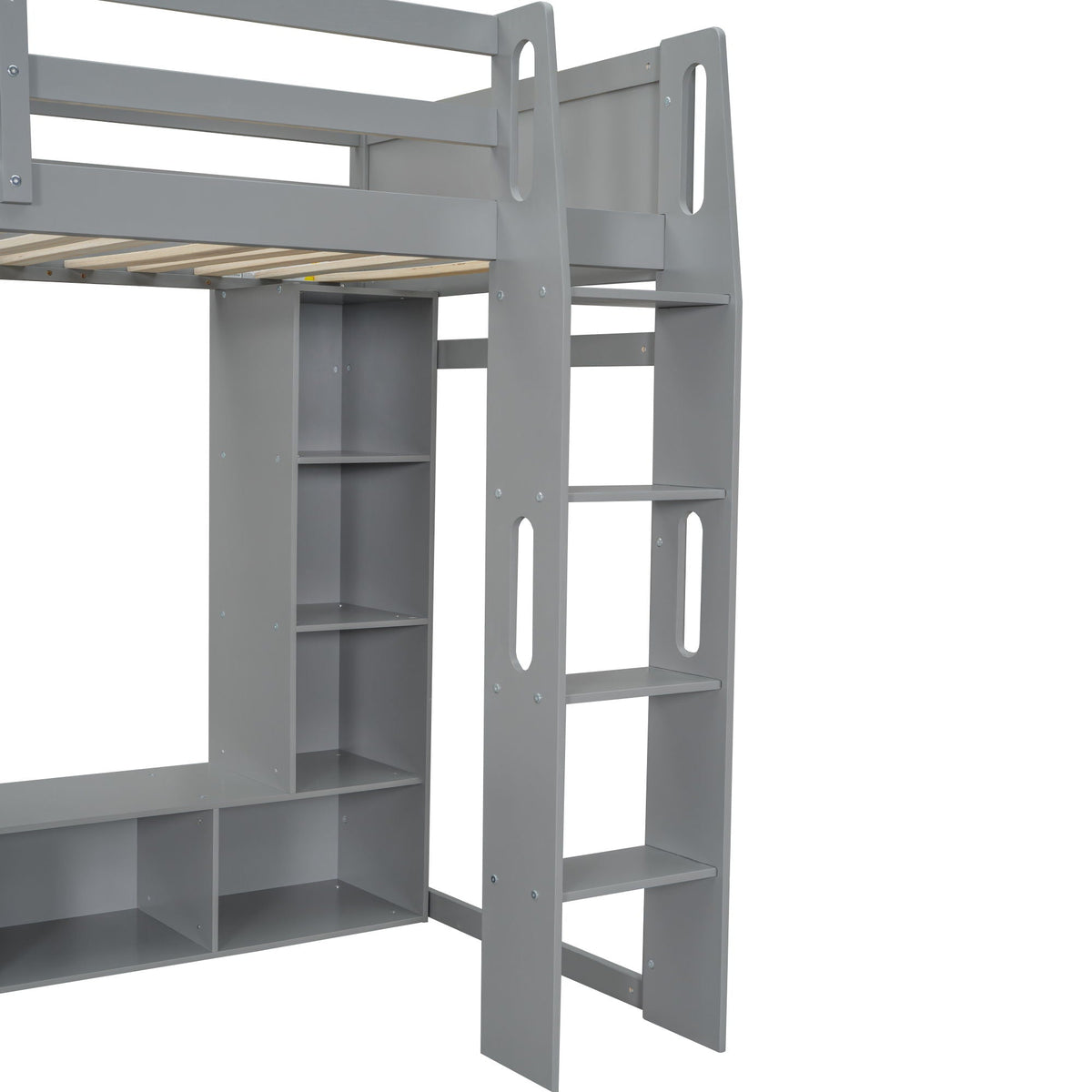 Gaming loft bed with desk by HouseOfZazla, gray finish, built-in storage shelves ladder on Tampa Home & Garden Store