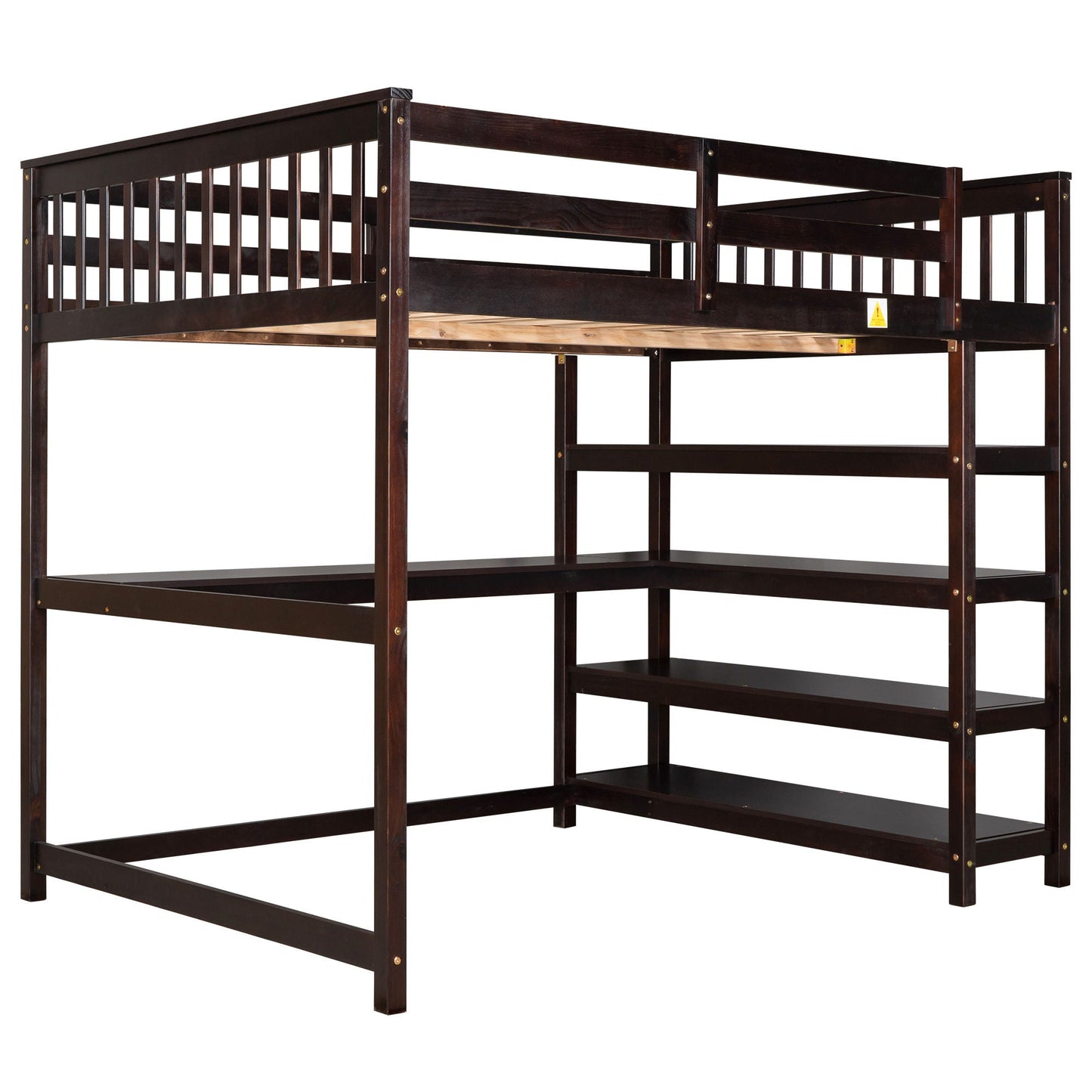 Loft bed with storage shelves and under bed desk in dark brown wood frame on Tampa Home & Garden Store