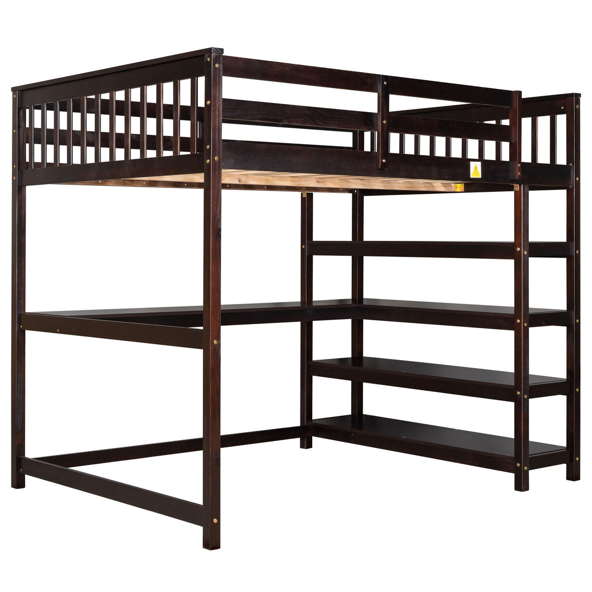Loft bed with storage shelves and under bed desk in dark brown wood frame on Tampa Home & Garden Store