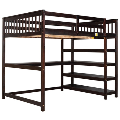 Loft bed with storage shelves and under bed desk in dark brown wood frame on Tampa Home & Garden Store