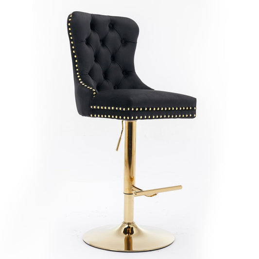 Barstool black tufted swivel with gold nailhead trim, adjustable height 25–33 in, pedestal base on Tampa Home & Garden Store