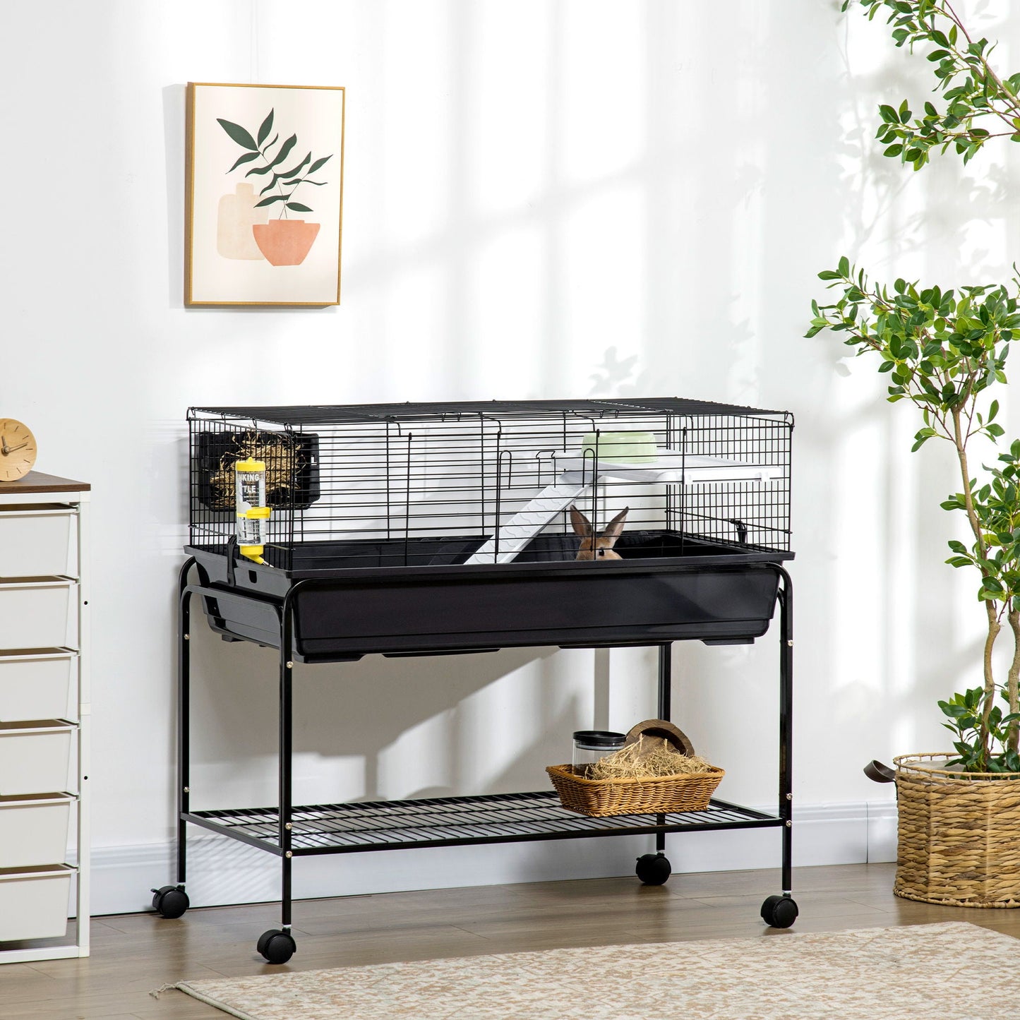 Pawhut two-story black small animal cage on wheeled stand with shelf water bottle on Tampa Home & Garden Store
