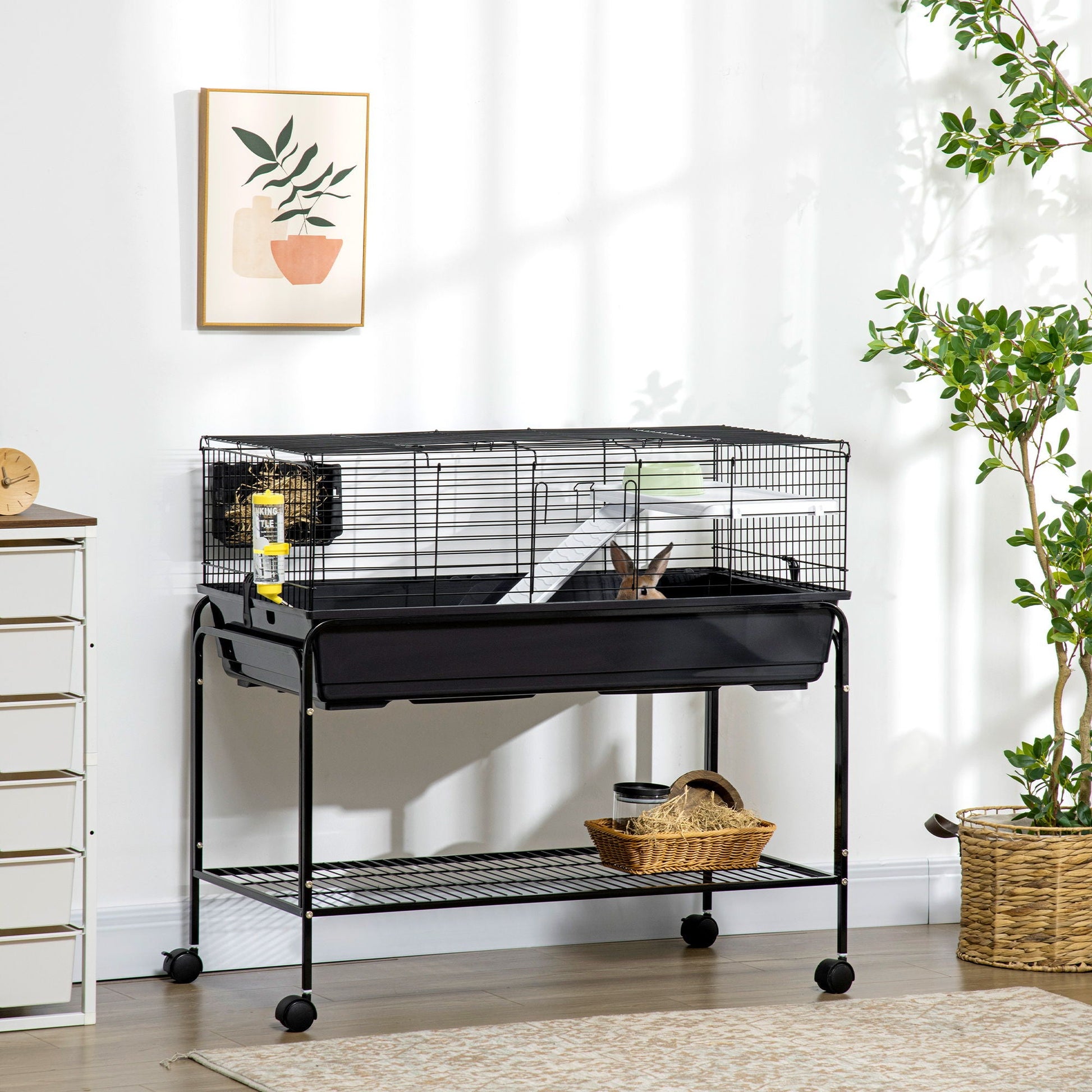 Pawhut two-story black small animal cage on wheeled stand with shelf water bottle on Tampa Home & Garden Store