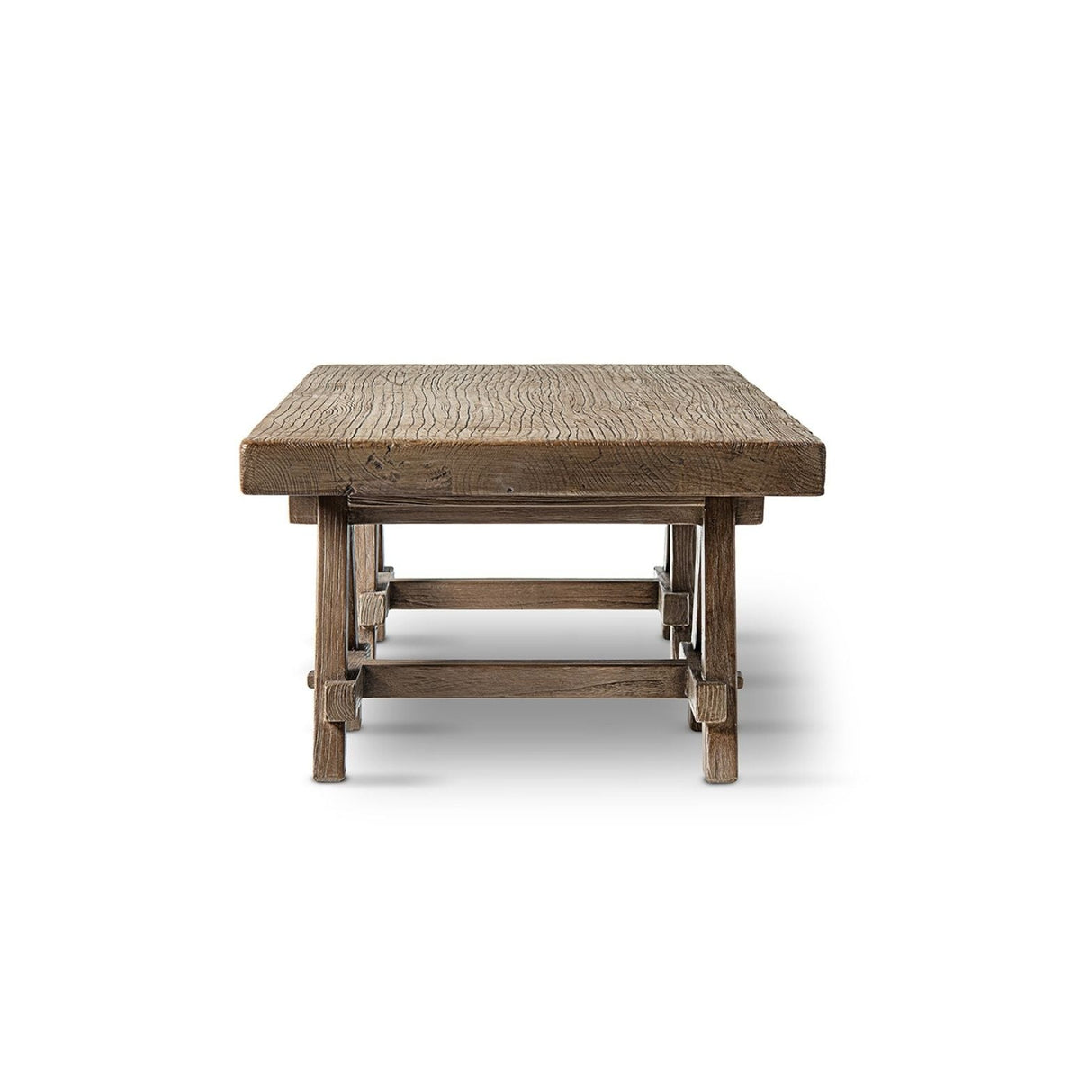 Trestle coffee table in solid reclaimed elm with a thick top brown finish by HouseOfZazla on Tampa Home & Garden Store