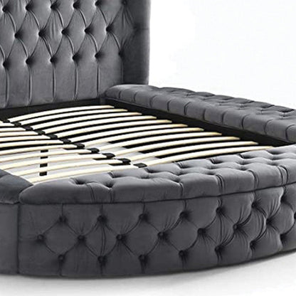Hazel storage bed by HouseOfZazla, dark gray tufted upholstery with exposed wooden slats on Tampa Home & Garden Store