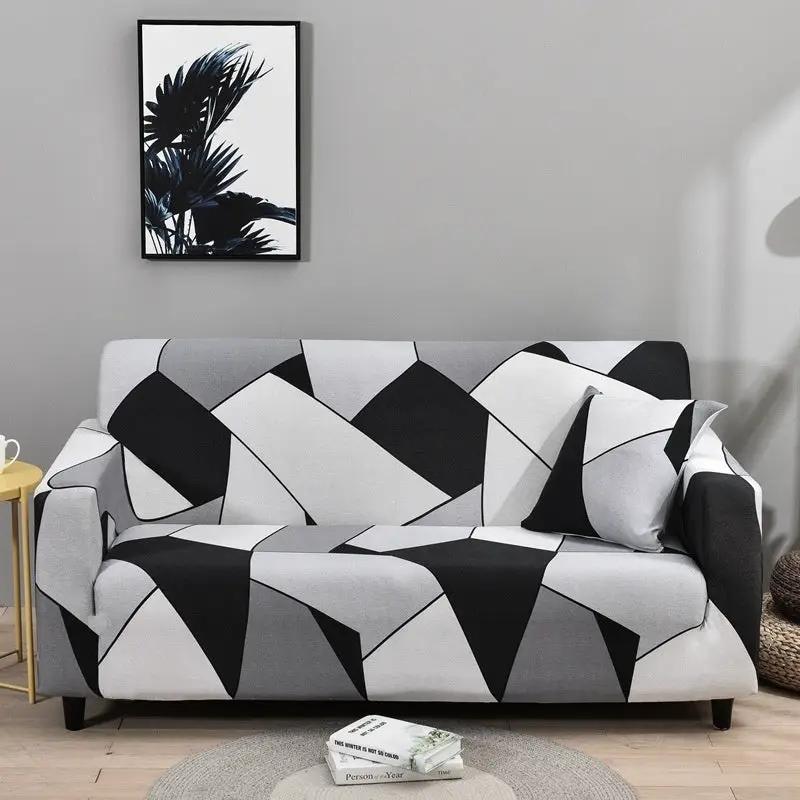 Sofa cover elastic all-inclusive full cover with geometric black gray white pattern on a sofa on Tampa Home & Garden Store