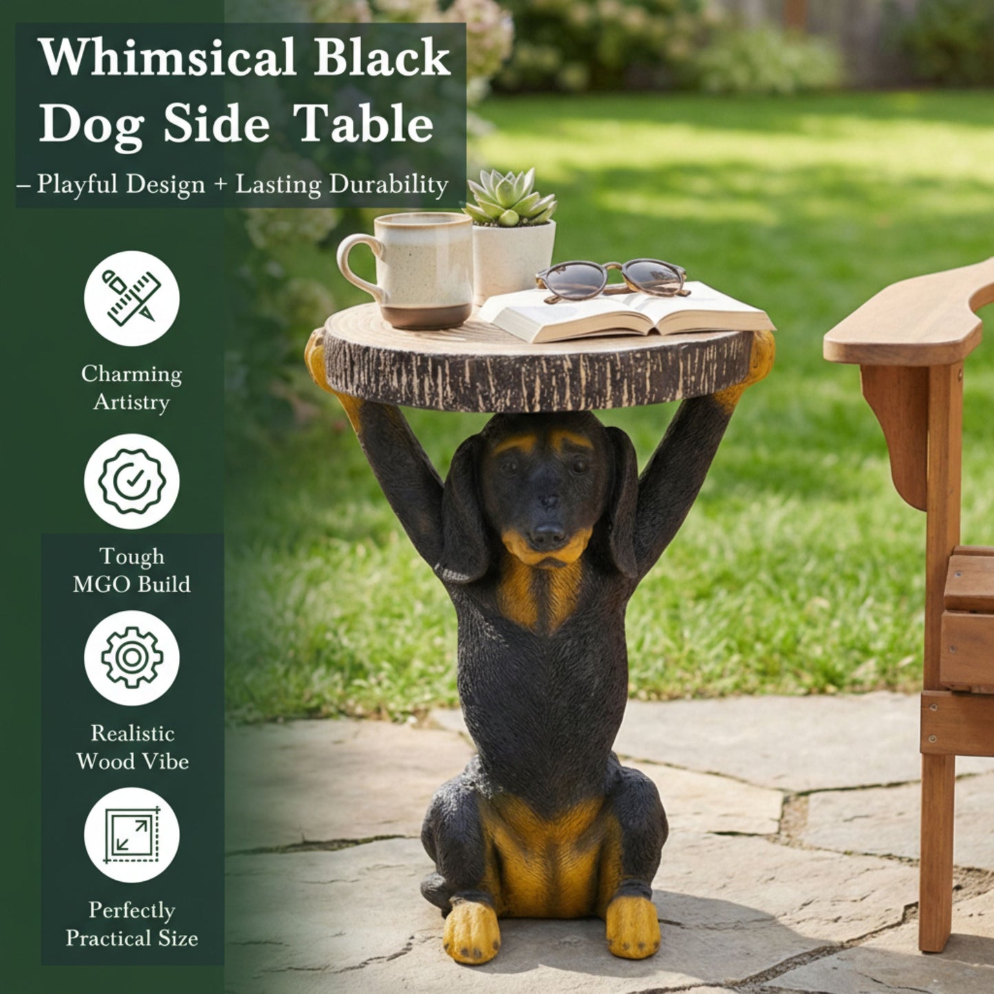Whimsical Black Dog MGO Side Table outdoor wood top on a dog statue base with mug and sunglasses on Tampa Home & Garden Store