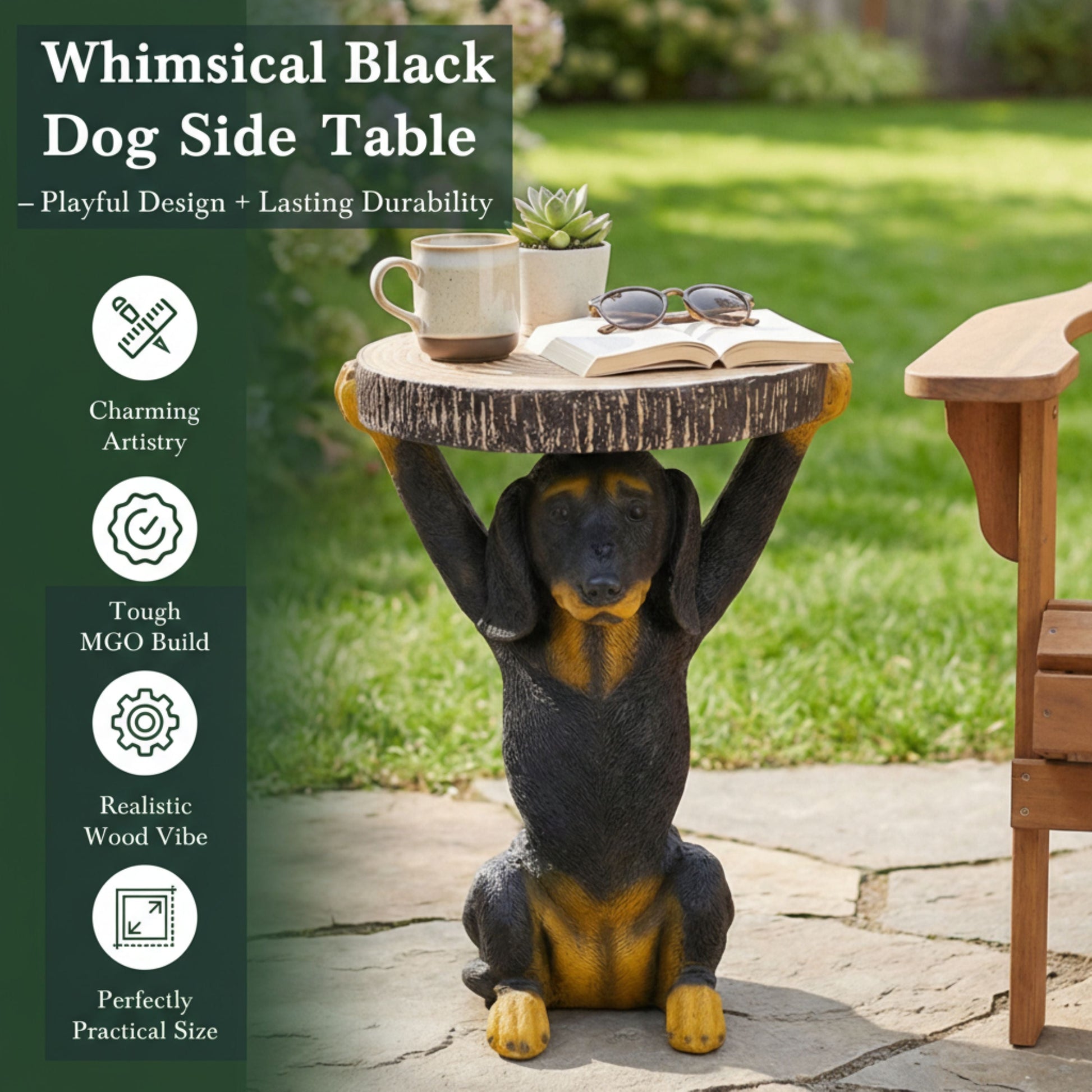 Whimsical Black Dog MGO Side Table outdoor wood top on a dog statue base with mug and sunglasses on Tampa Home & Garden Store