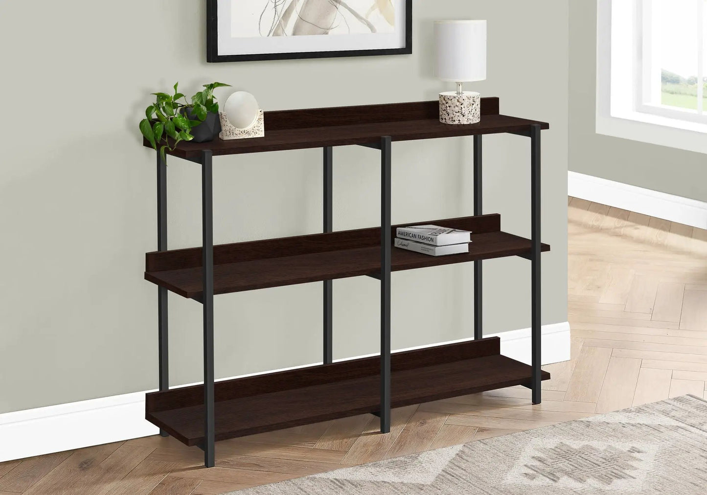 Accent console table, 3-tier dark walnut with black metal frame, decor includes plant and lamp on Tampa Home & Garden Store